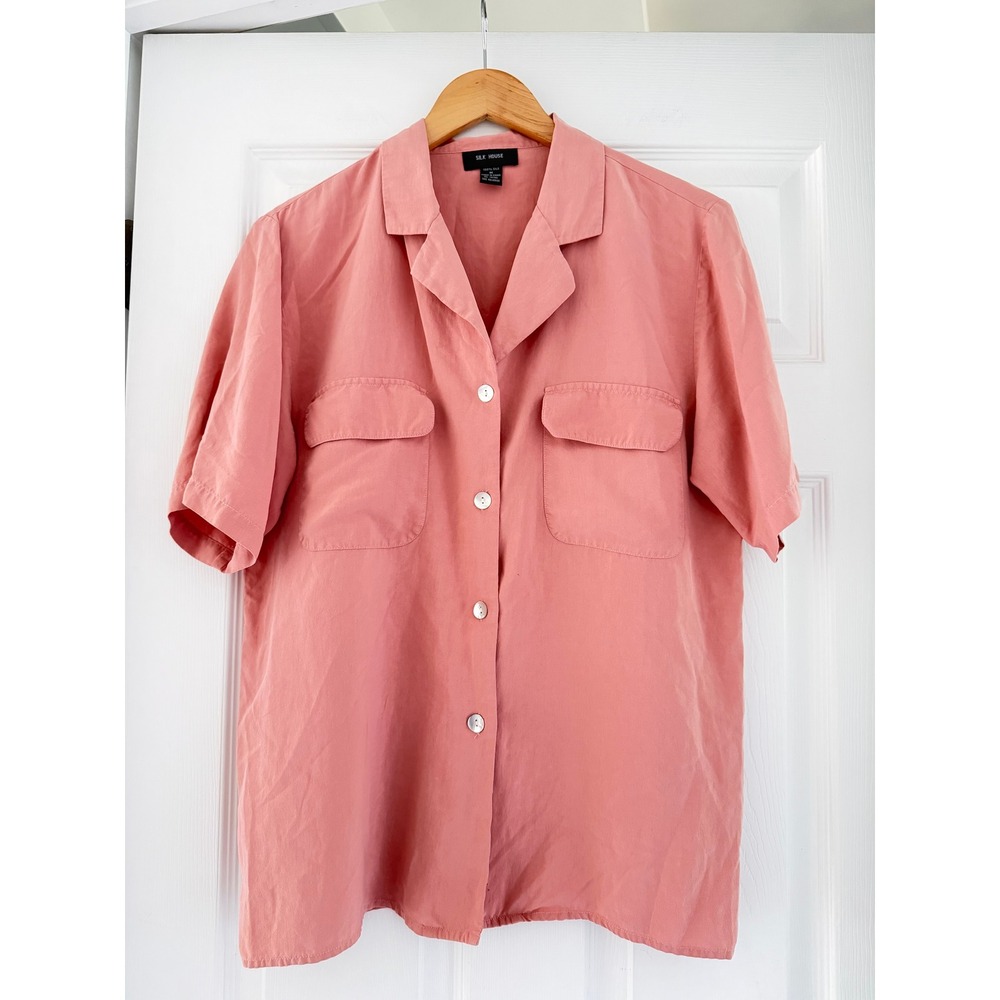 Vintage Womens Pink Silk House Button Down Shirt Retro Cottage